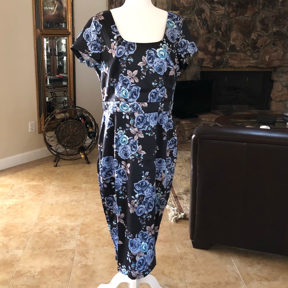 Pinup Girl Clothing by Laura Byrnes Blue Rose Satin Dress
